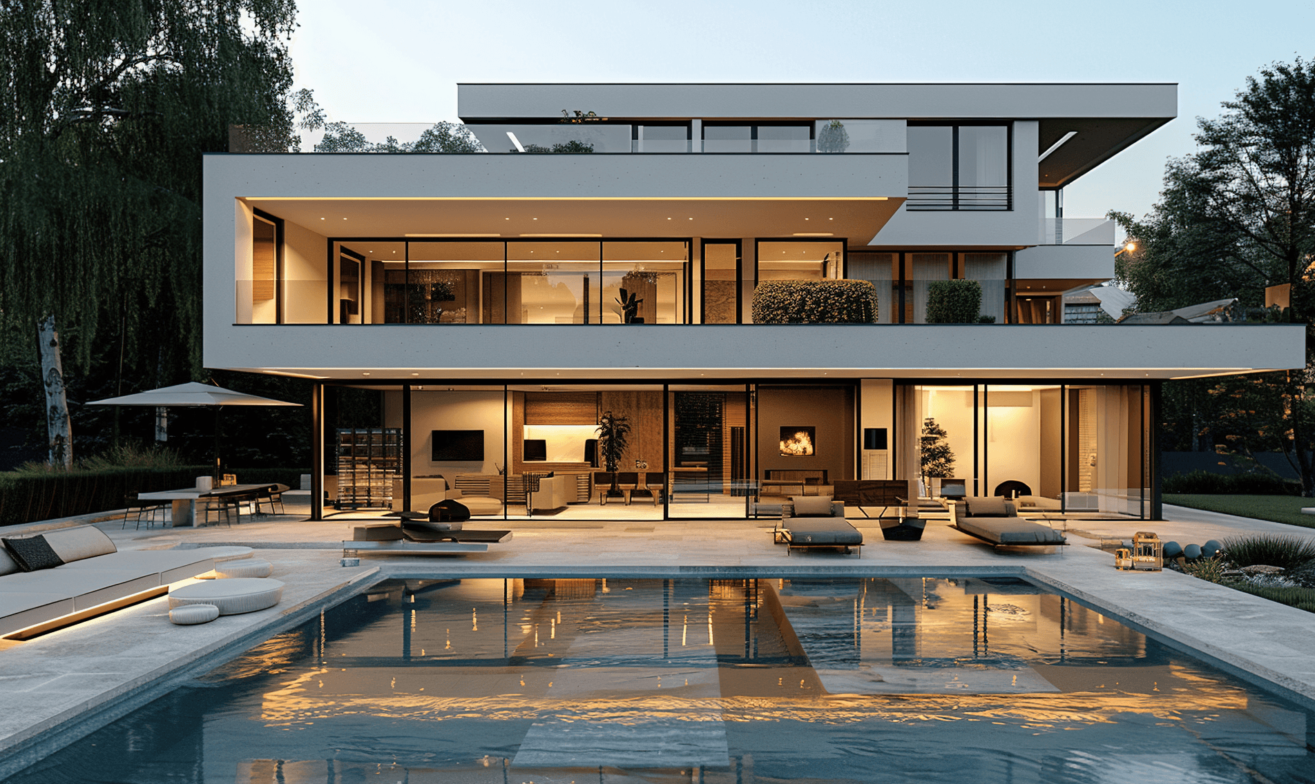 Casa de alto padrão com piscina e amplas janelas de vidro